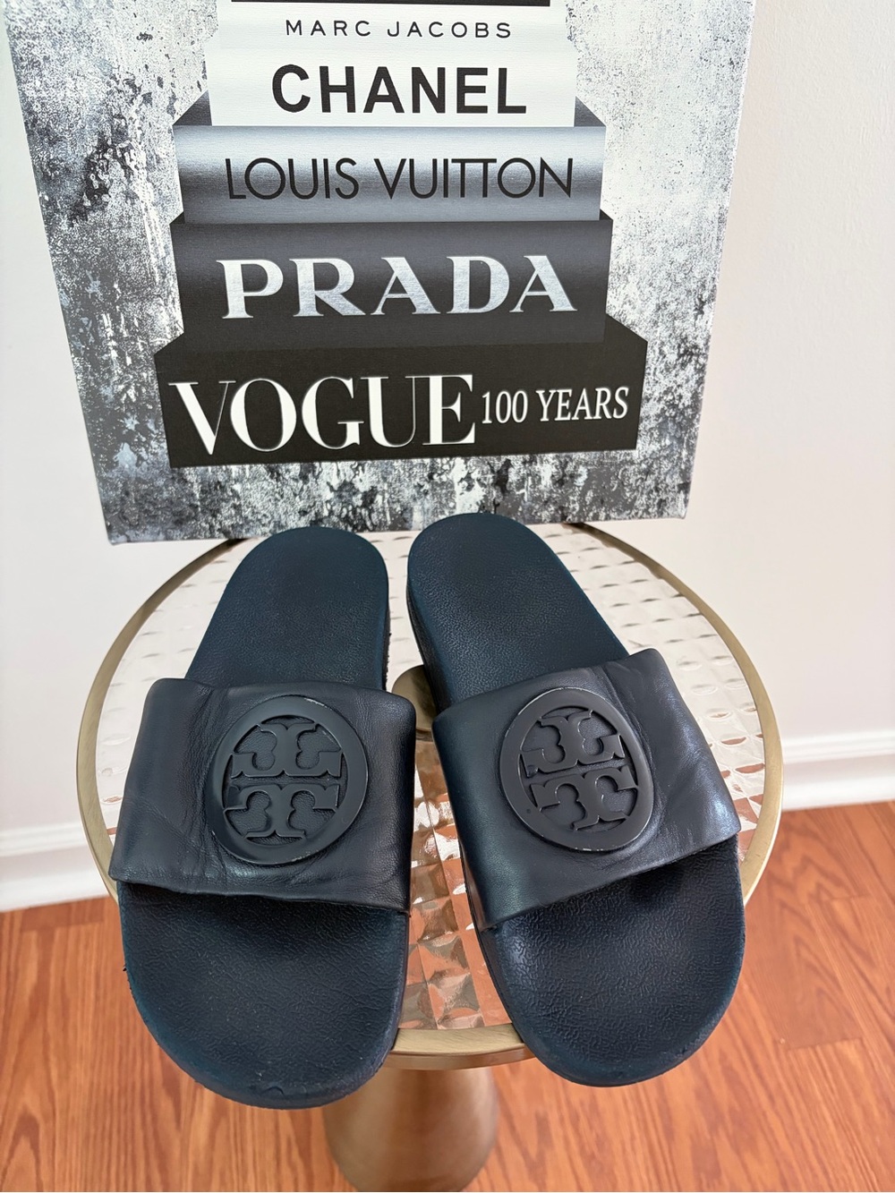 Tory Burch Navy Leather Logo Slide Sandals
